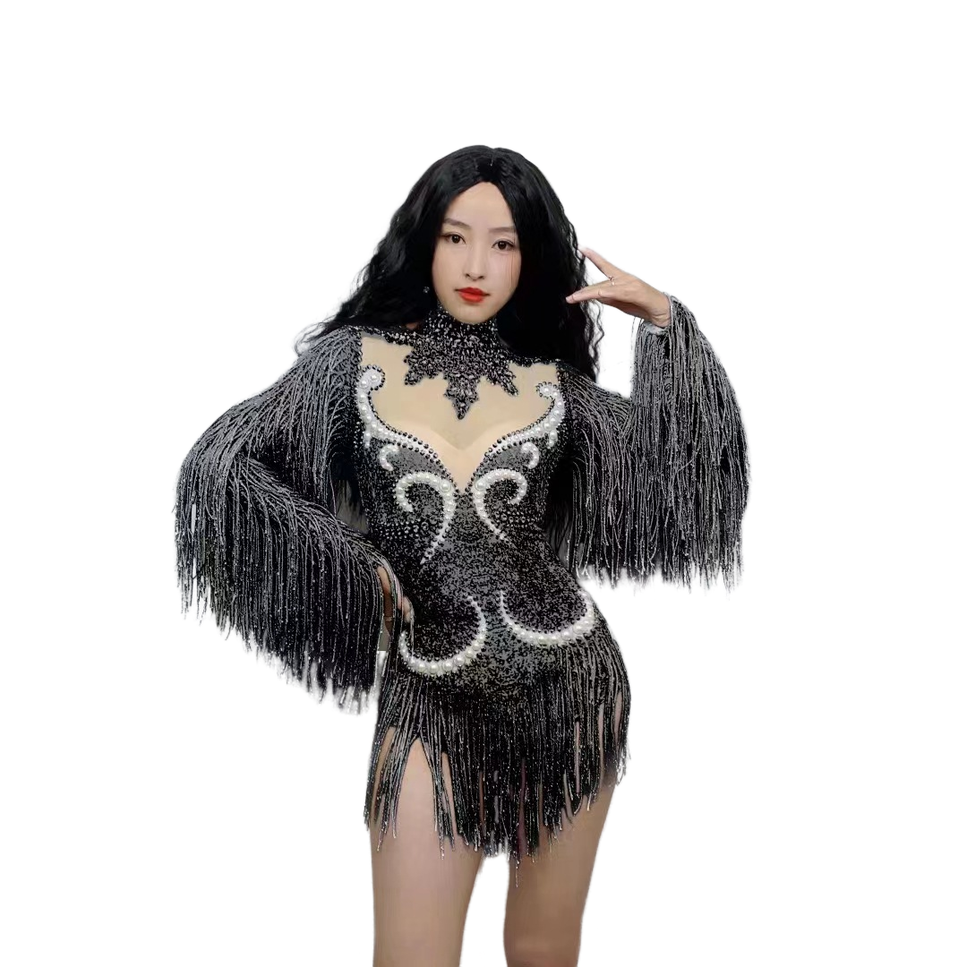 Sexual Stage Outfit Women's Rhinestone Pearl Fringe Long Sleeve Bodysuit Butterfly Mesh Performance Costume - Halloweez