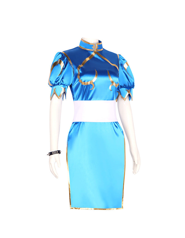 Arcade Street Fighter Chun-Li Blue Cheongsam Cosplay Costume for Halloween and Performance - Halloweez