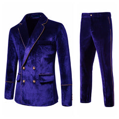 2025 Spring Summer New Men's Velvet Gold Trim Double Breasted Suit Set Formal Wear Performance Costume - Halloweez