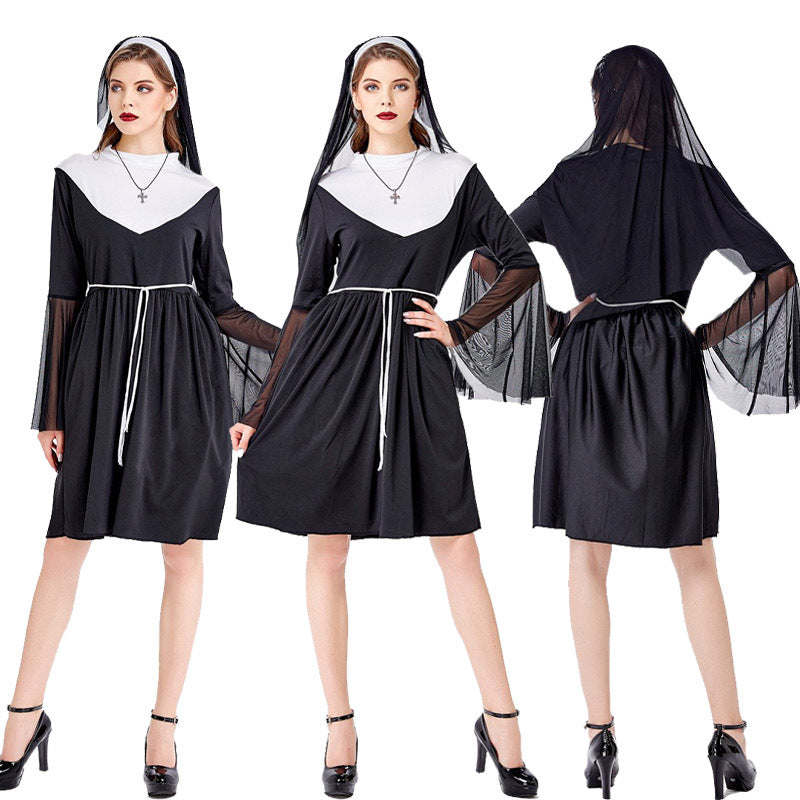 Halloween Medieval Nun Priest Robe COS Costume Virgin Mary Father Wizard Stage Performance Clothing - Halloweez