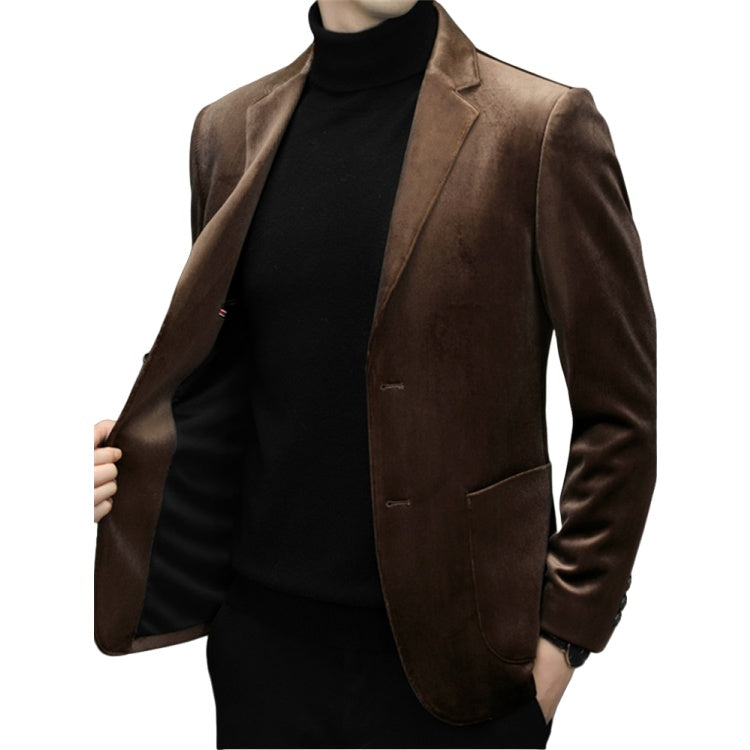 Men's Corduroy Casual Blazer New Trend High-end Single Suit Jacket Autumn Spring Gold Velvet Small Suit - Halloweez
