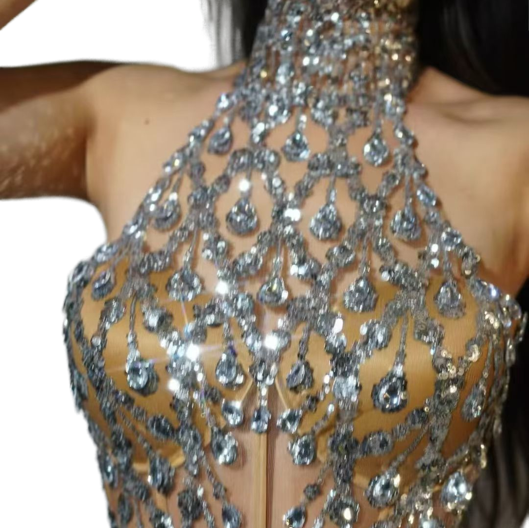 Sexy Off-shoulder Crystal Chain Mini Dress - Blue Cosplay Costume for Party, Club, Performance - Halloweez