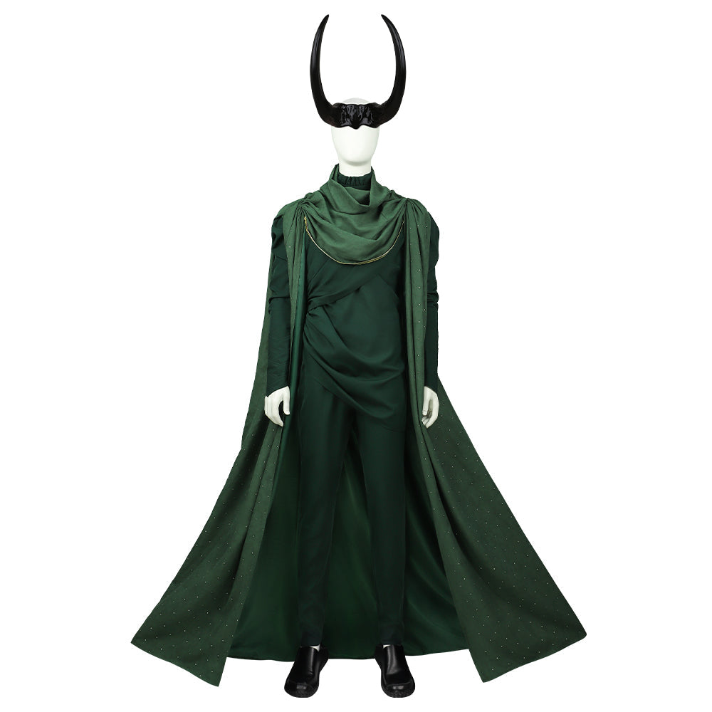 Men's Deluxe Loki Cosplay Costume - Marvel Battle Uniform with Green Cape Cloak by Halloweez