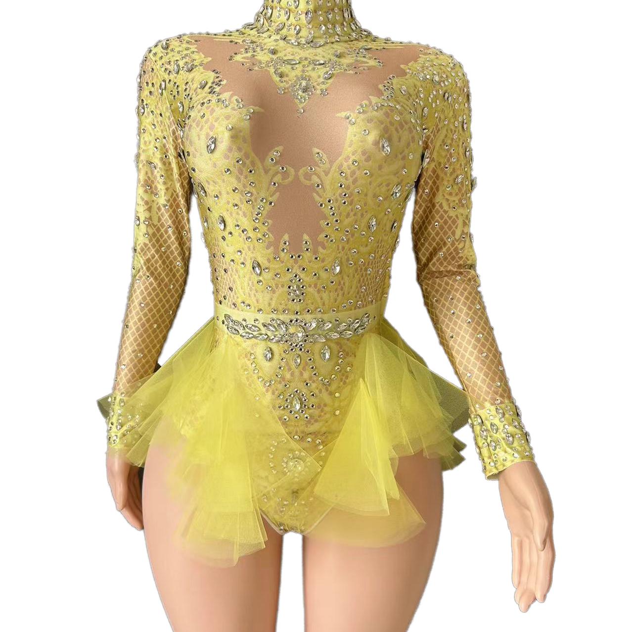 GC Singer Dance Rhinestone Stretchy Slimming Pink Mesh Bodysuit Stage Performance Costume Female Flash Diamond Girl Group - Halloweez