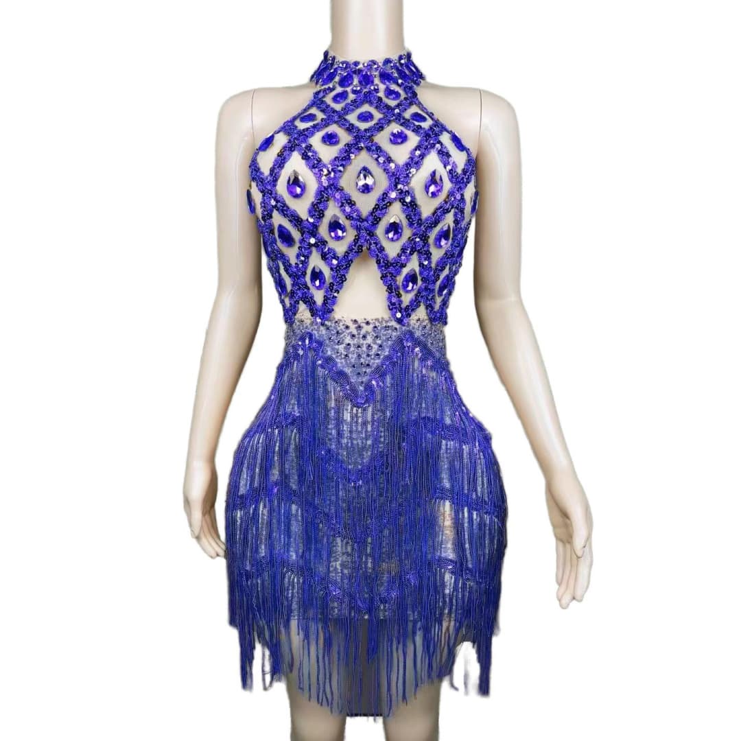 Rhinestone Mesh Hollow Sequin Fringe Dress - Silver Performance Costume for Party, Cosplay, Evening Gala - Halloweez