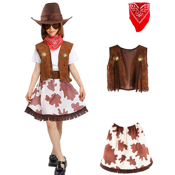 Cross-border Halloween Cosplay Costume Western Cowboy Vest and Skirt for Kids - Halloweez