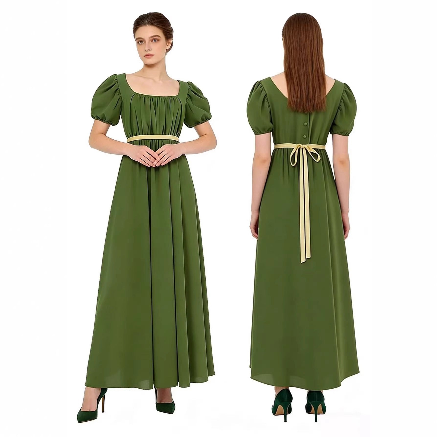 Bridgerton Inspired Women’s Regency Dress – Square Neck Empire Waist Maxi Gown with Puff Sleeves for Renaissance Fair, Tea Party & Historical Cosplay - Halloweez