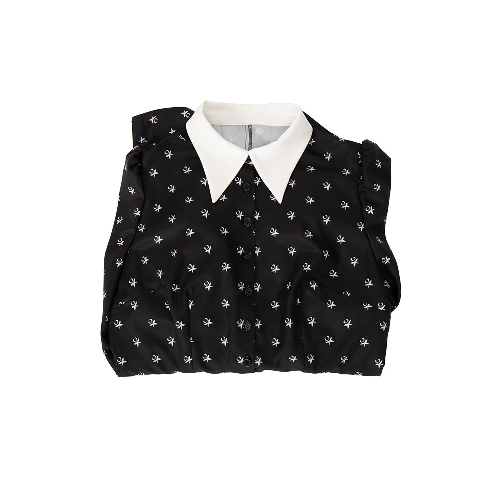 Halloweez Wednesday Addams Costume - Elegant Black Long Sleeve Dress with Unique Print