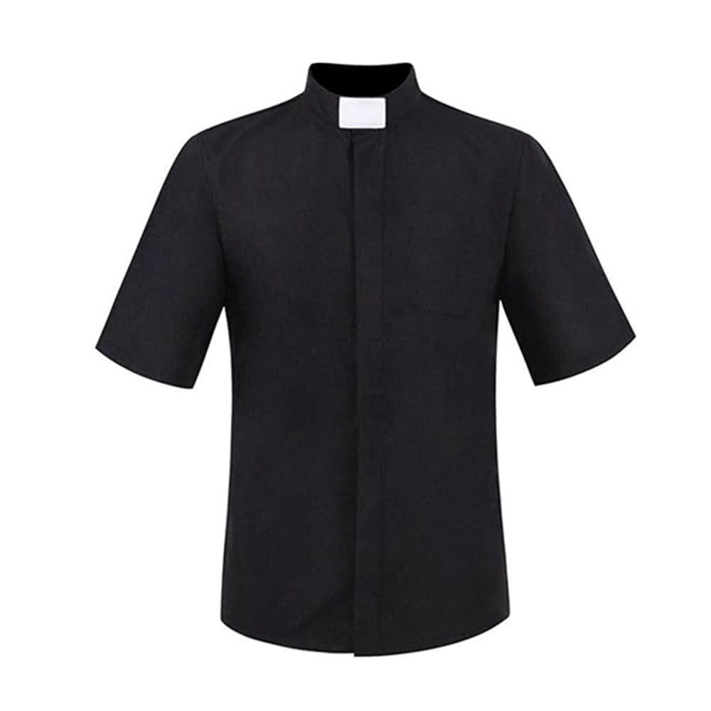 Halloween New Missionary Role Play Shirt Priest Father Cosplay Short Sleeve Black Shirt Spot - Halloweez