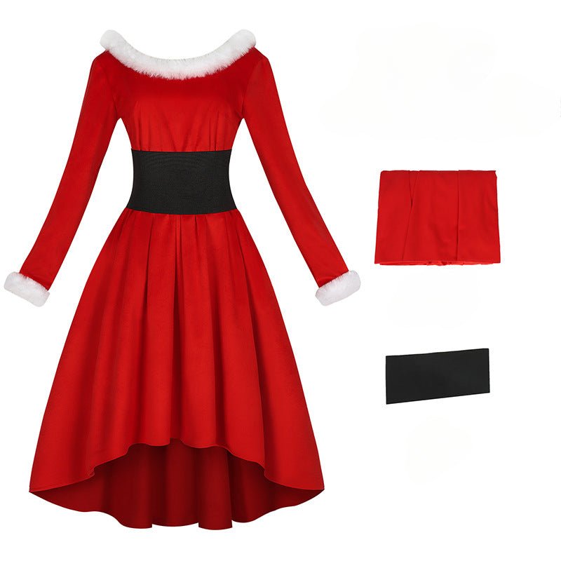 Elegant Halloweez Christmas Cosplay Dress - Festive Red Velvet with White Fur Trim for Holiday Events - Halloweez