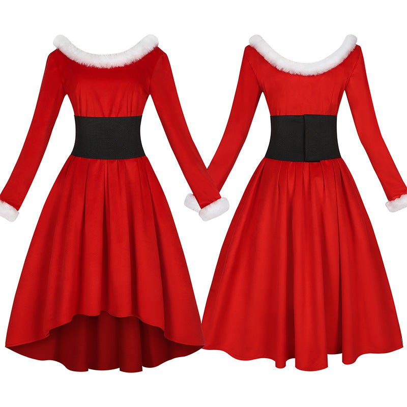 Elegant Halloweez Christmas Cosplay Dress - Festive Red Velvet with White Fur Trim for Holiday Events - Halloweez