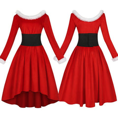 Elegant Halloweez Christmas Cosplay Dress - Festive Red Velvet with White Fur Trim for Holiday Events - Halloweez