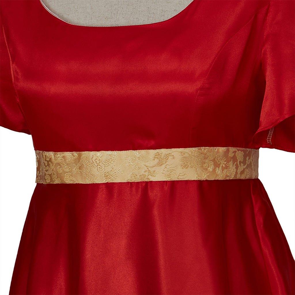 Christmas Red Empire Waist Gown with Gold Waistband | Regency Style Cosplay Costume - Coscosmos