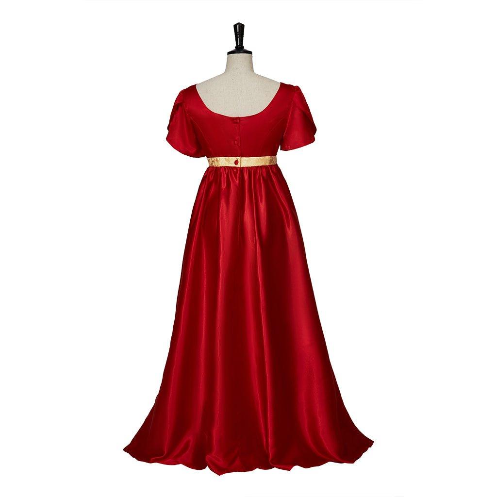 Christmas Red Empire Waist Gown with Gold Waistband | Regency Style Cosplay Costume - Coscosmos