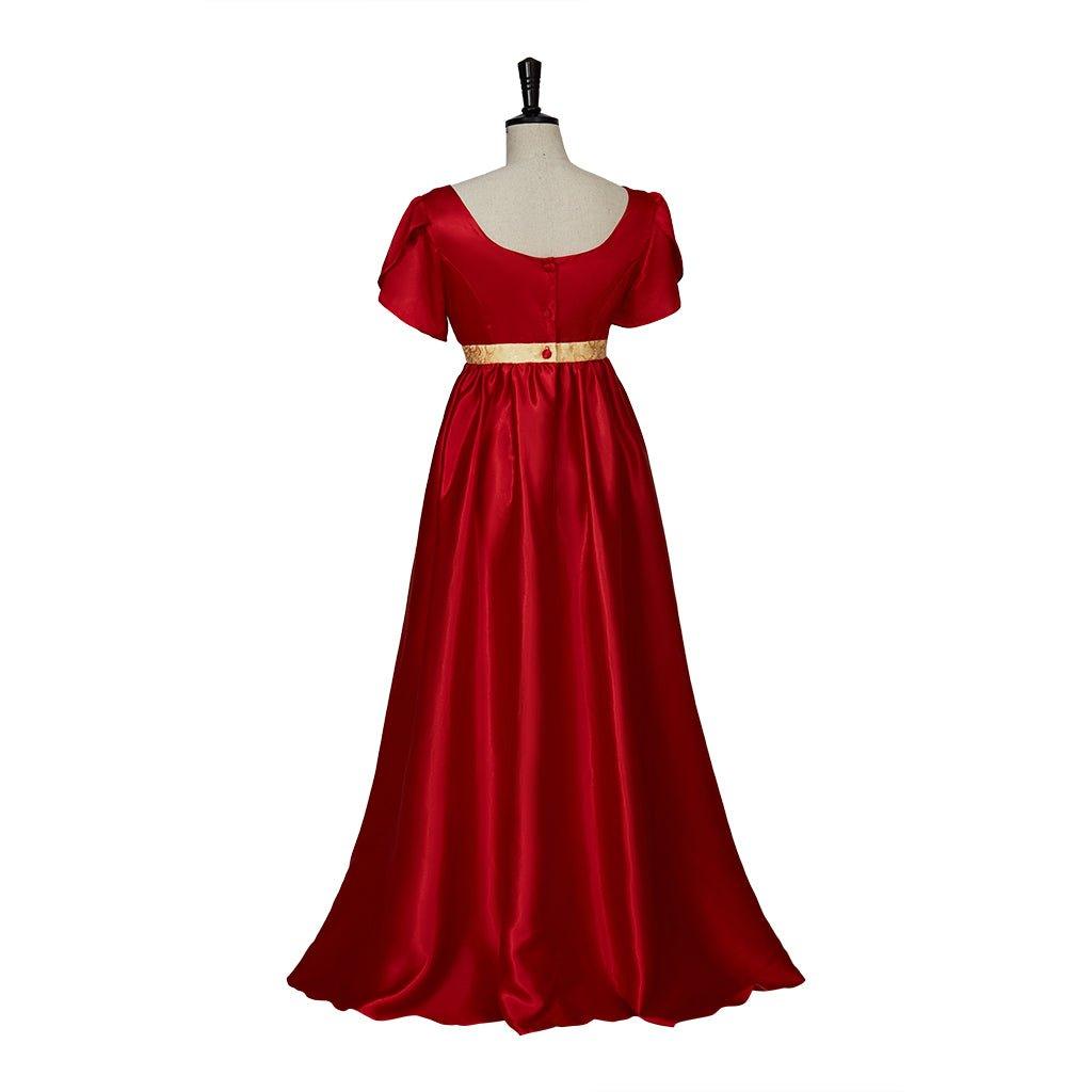 Christmas Red Empire Waist Gown with Gold Waistband | Regency Style Cosplay Costume - Coscosmos