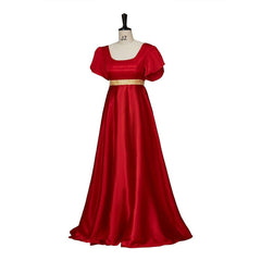 Christmas Red Empire Waist Gown with Gold Waistband | Regency Style Cosplay Costume - Coscosmos