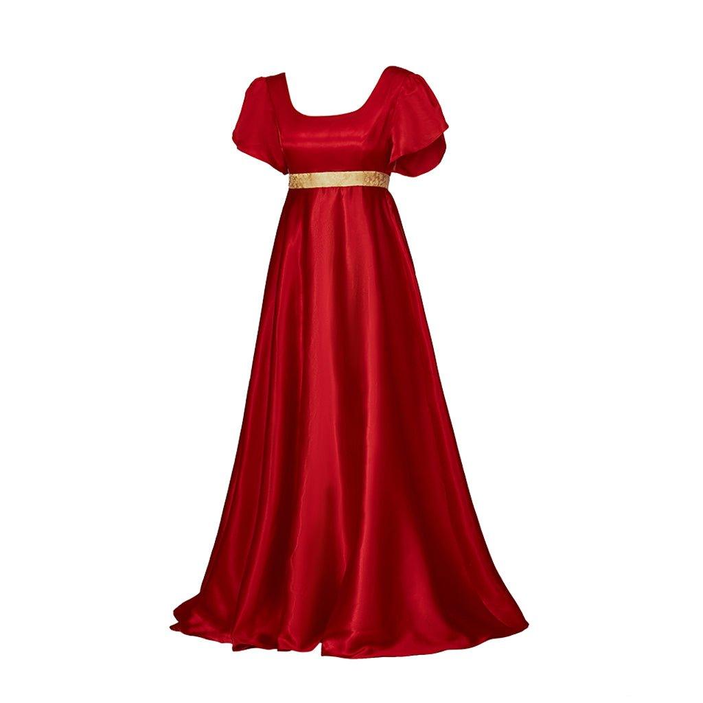 Christmas Red Empire Waist Gown with Gold Waistband | Regency Style Cosplay Costume - Coscosmos