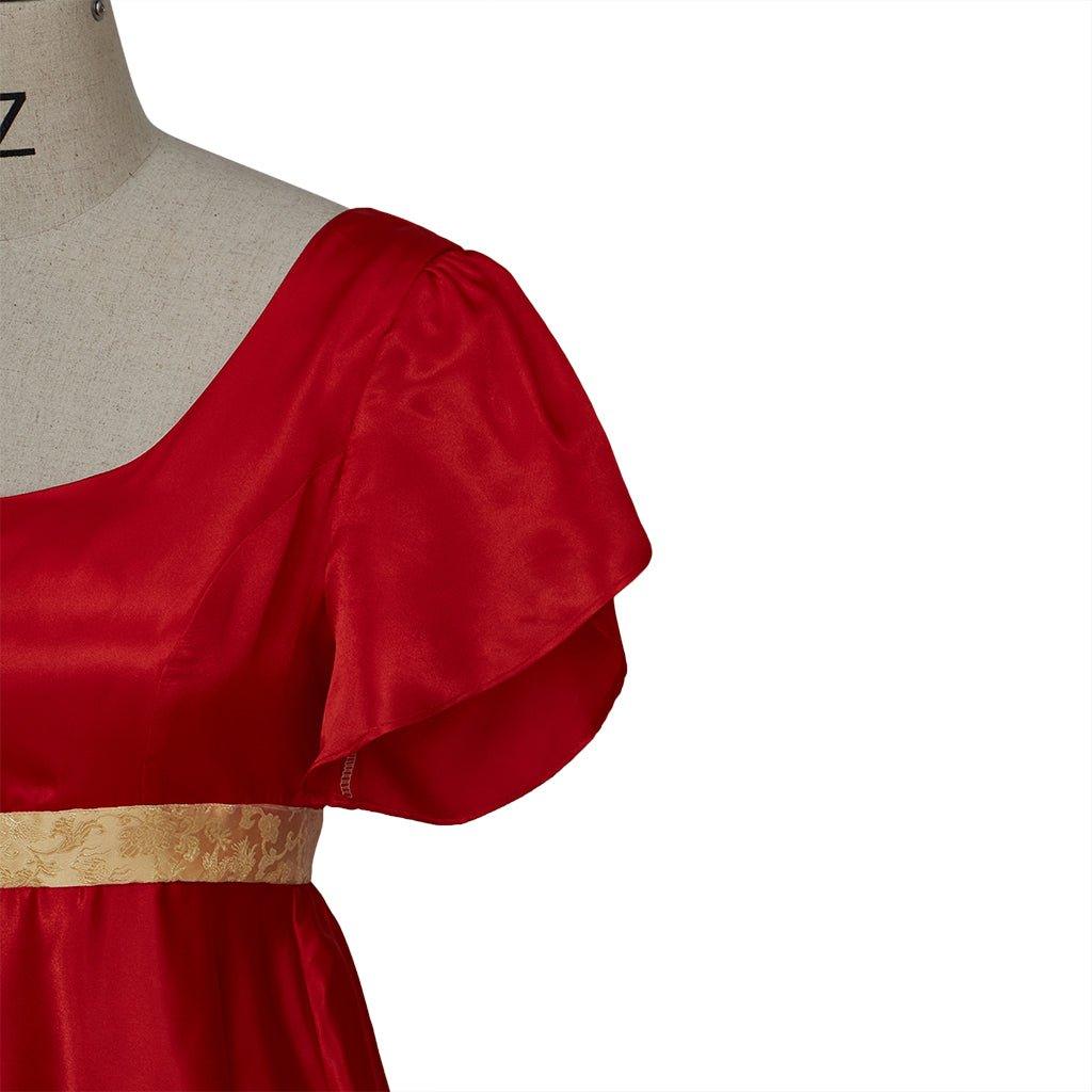 Christmas Red Empire Waist Gown with Gold Waistband | Regency Style Cosplay Costume - Coscosmos