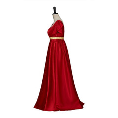 Christmas Red Empire Waist Gown with Gold Waistband | Regency Style Cosplay Costume - Coscosmos