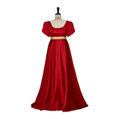 Christmas Red Empire Waist Gown with Gold Waistband | Regency Style Cosplay Costume - Coscosmos