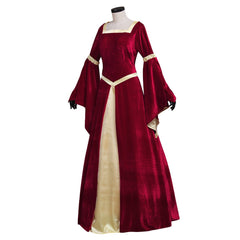 Custom Made Medieval Velvet Dark Red Yellow Lined Trumpet Sleeves Dress for Women | Wedding Dress, Fancy Halloween Party Costume - Coscosmos