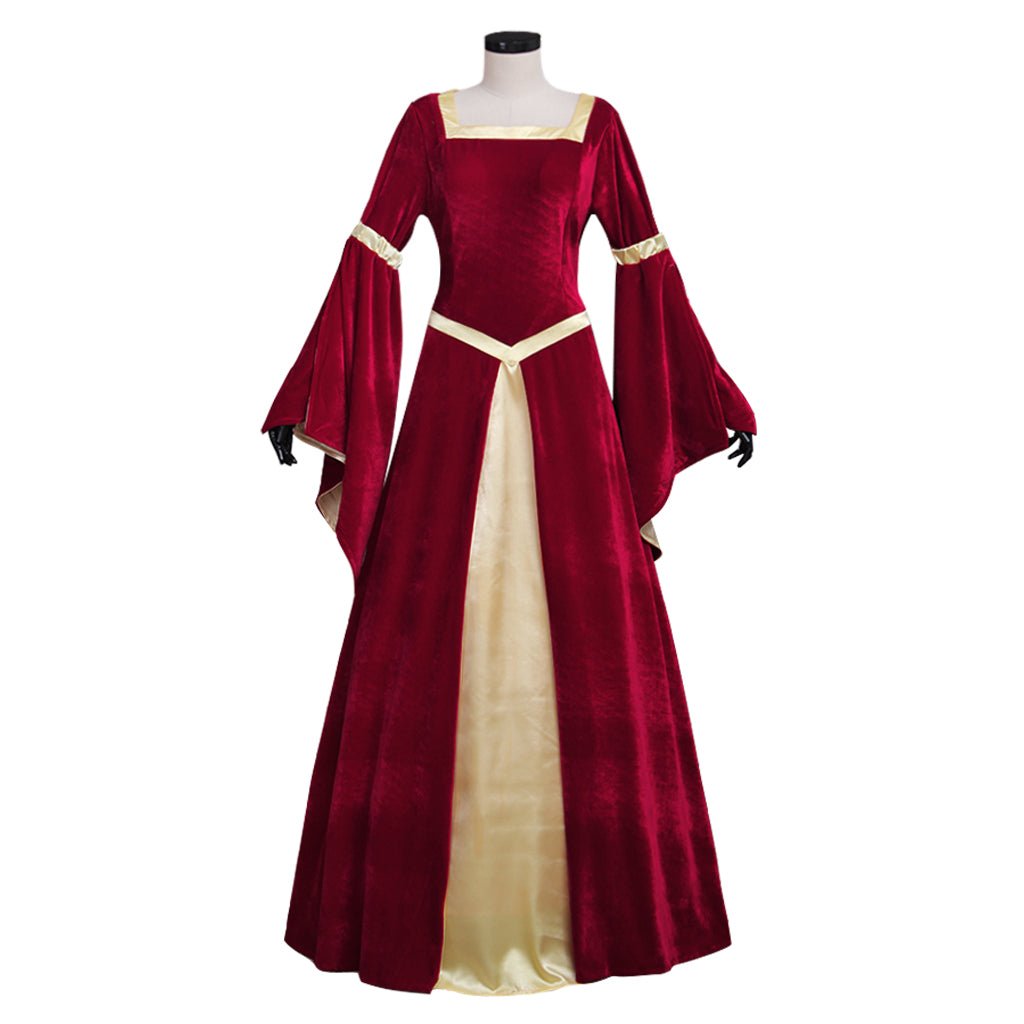 Custom Made Medieval Velvet Dark Red Yellow Lined Trumpet Sleeves Dress for Women | Wedding Dress, Fancy Halloween Party Costume - Coscosmos