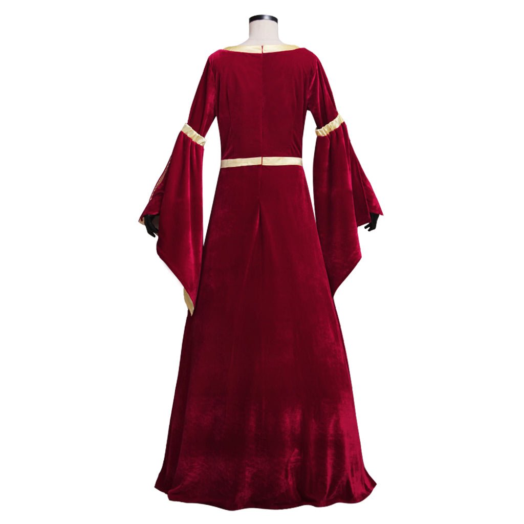 Custom Made Medieval Velvet Dark Red Yellow Lined Trumpet Sleeves Dress for Women | Wedding Dress, Fancy Halloween Party Costume - Coscosmos