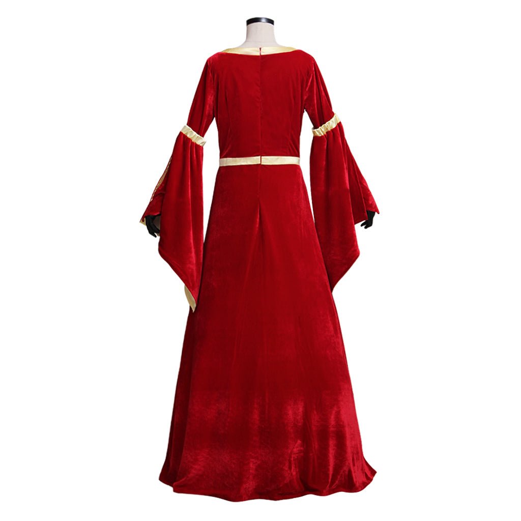 Custom Made Medieval Velvet Red Yellow Trumpet Sleeves Dress | Wedding & Fancy Party Costume - Coscosmos