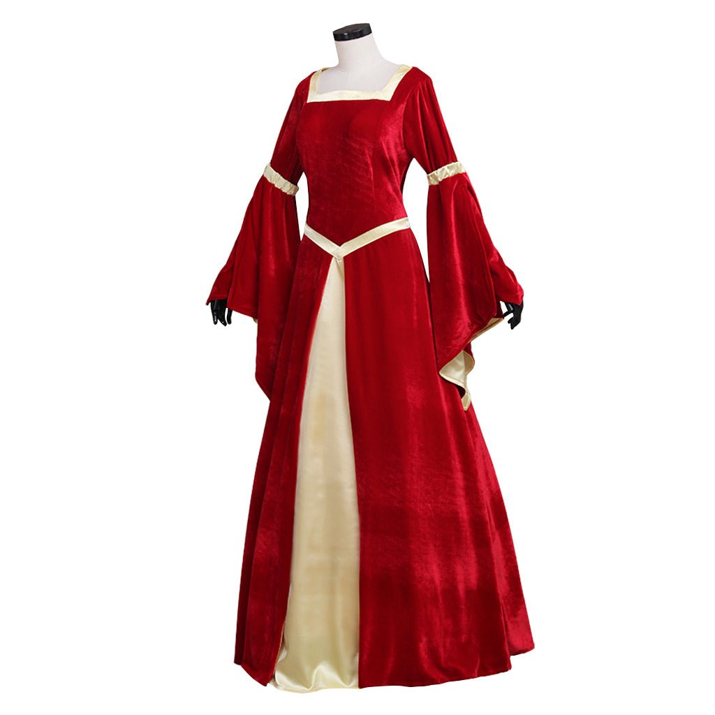 Custom Made Medieval Velvet Red Yellow Trumpet Sleeves Dress | Wedding & Fancy Party Costume - Coscosmos