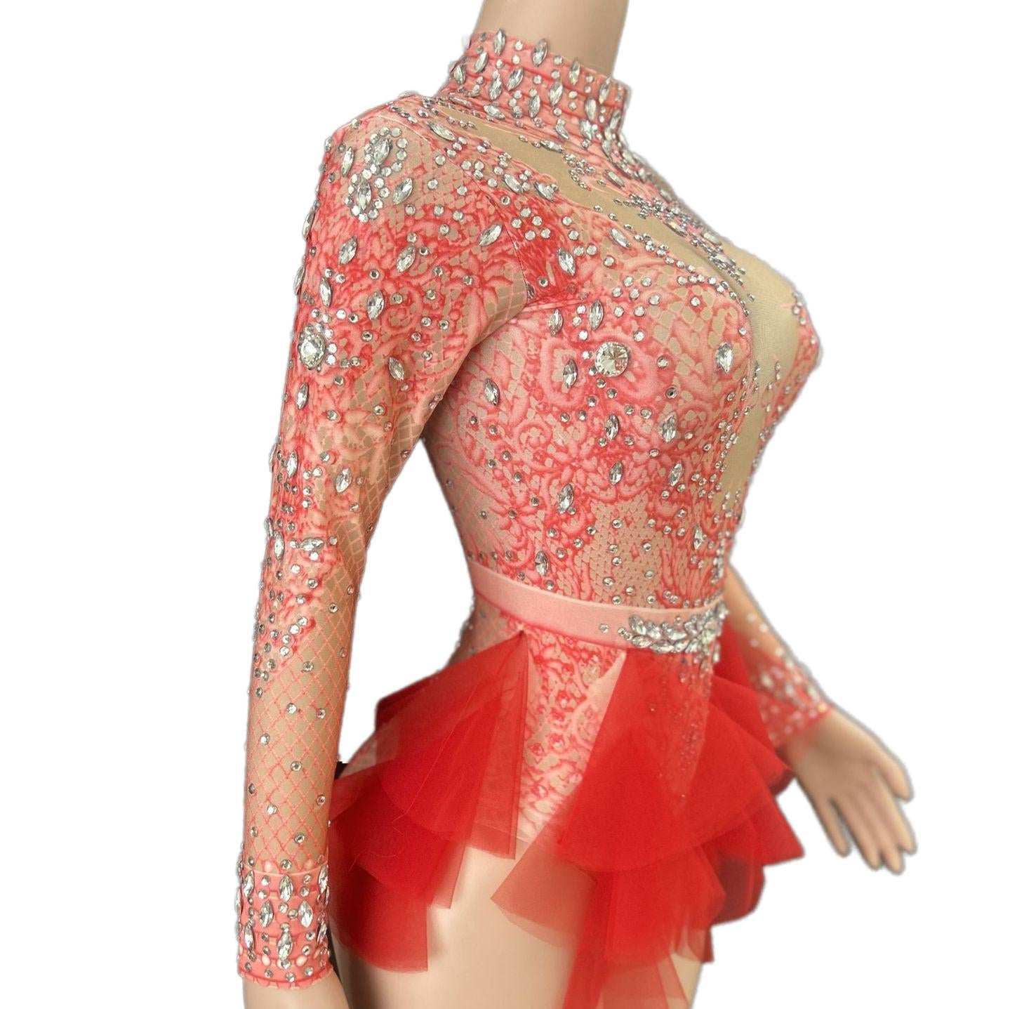 GC Singer Dance Rhinestone Stretchy Slimming Pink Mesh Bodysuit Stage Performance Costume Female Flash Diamond Girl Group - Halloweez