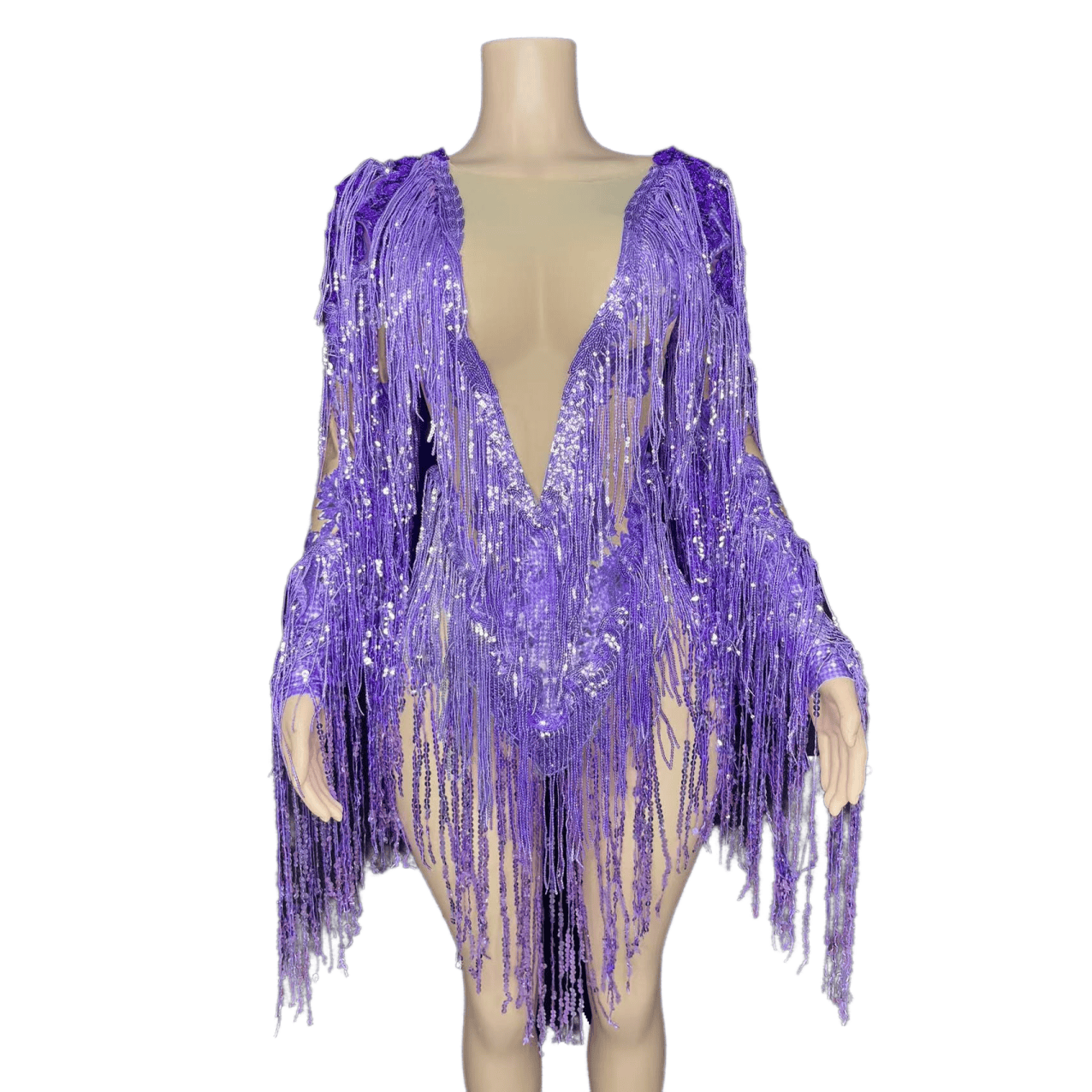 Silver Fringe Sequin Dress - High-End Performance Costume for Female Singers, Models, and Dance Troupes with Full Diamond Embellishments - Halloweez