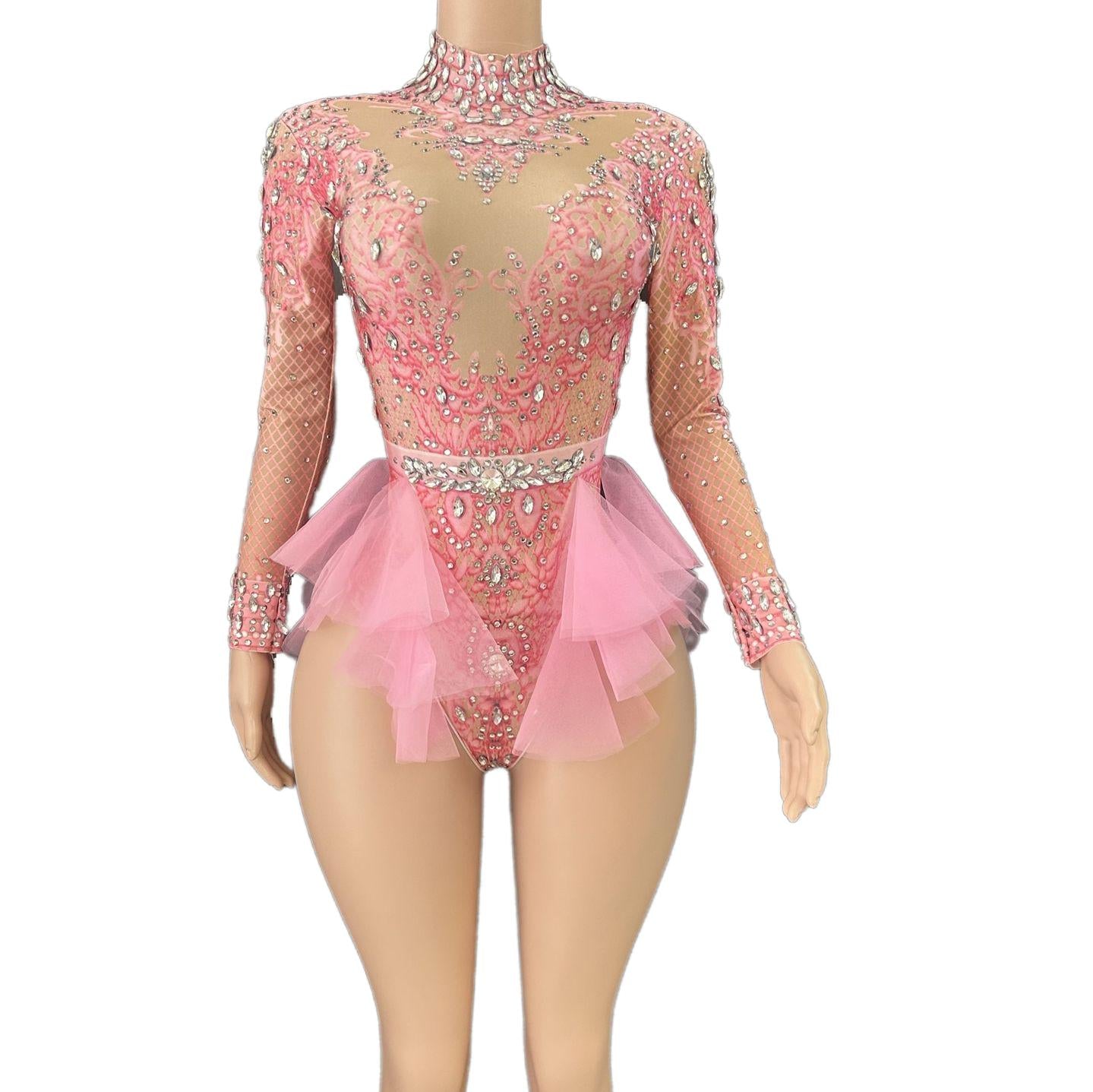 GC Singer Dance Rhinestone Stretchy Slimming Pink Mesh Bodysuit Stage Performance Costume Female Flash Diamond Girl Group - Halloweez