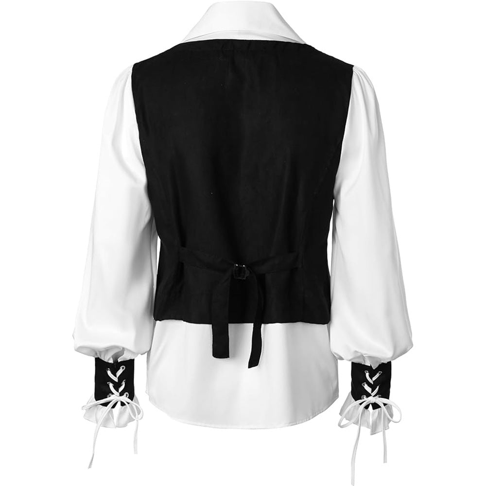 Medieval Pirate Victorian Steampunk Gothic Long Sleeve Vest Shirt Halloween Costume - Halloweez