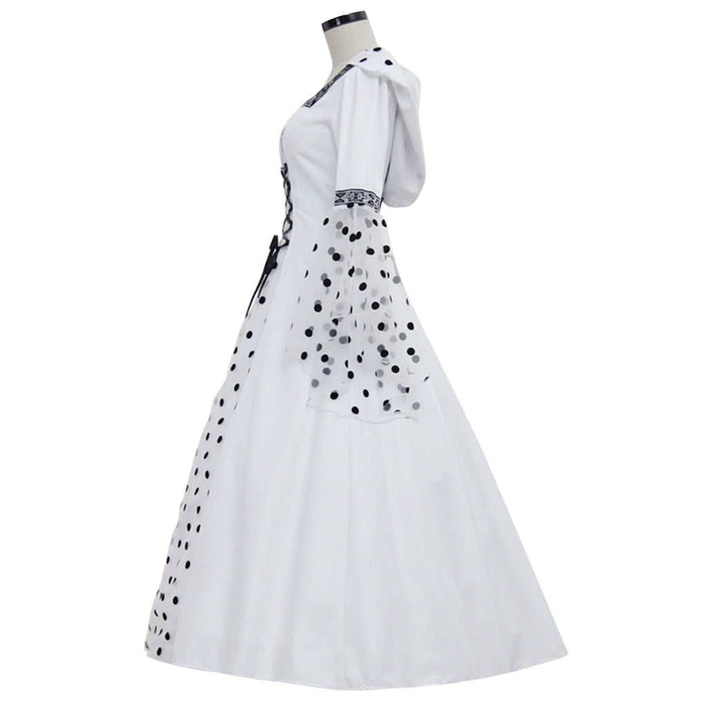 Robe blanche élégante à pois et capuche style gothique steampunk pour Halloween, pour événements médiévaux victoriens et renaissance