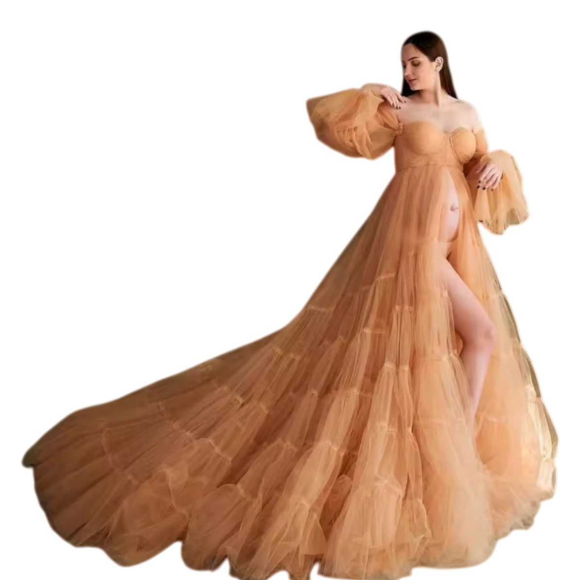 Halloweez Orange Sweetheart Maternity Cosplay Dress with Sheer V-Neck and Flowing Tulle Skirt for Women - Halloweez