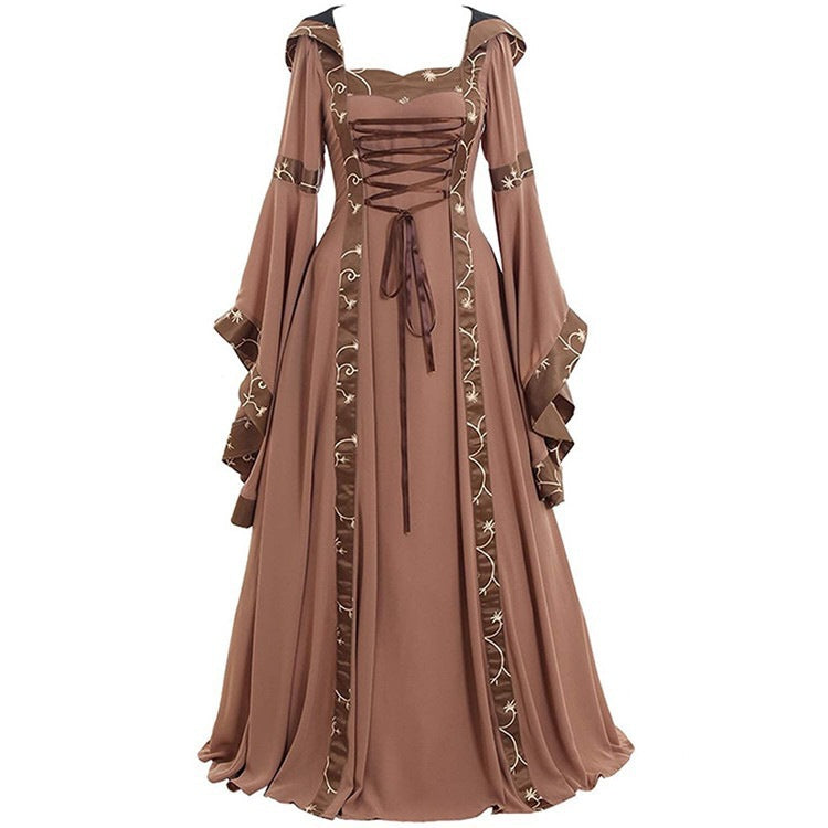 Medieval Gothic Victorian Retro Renaissance Dress with Hood and Lace-up for Women - Halloweez