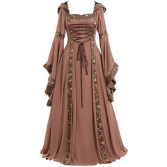 Medieval Gothic Victorian Retro Renaissance Dress with Hood and Lace-up for Women - Halloweez