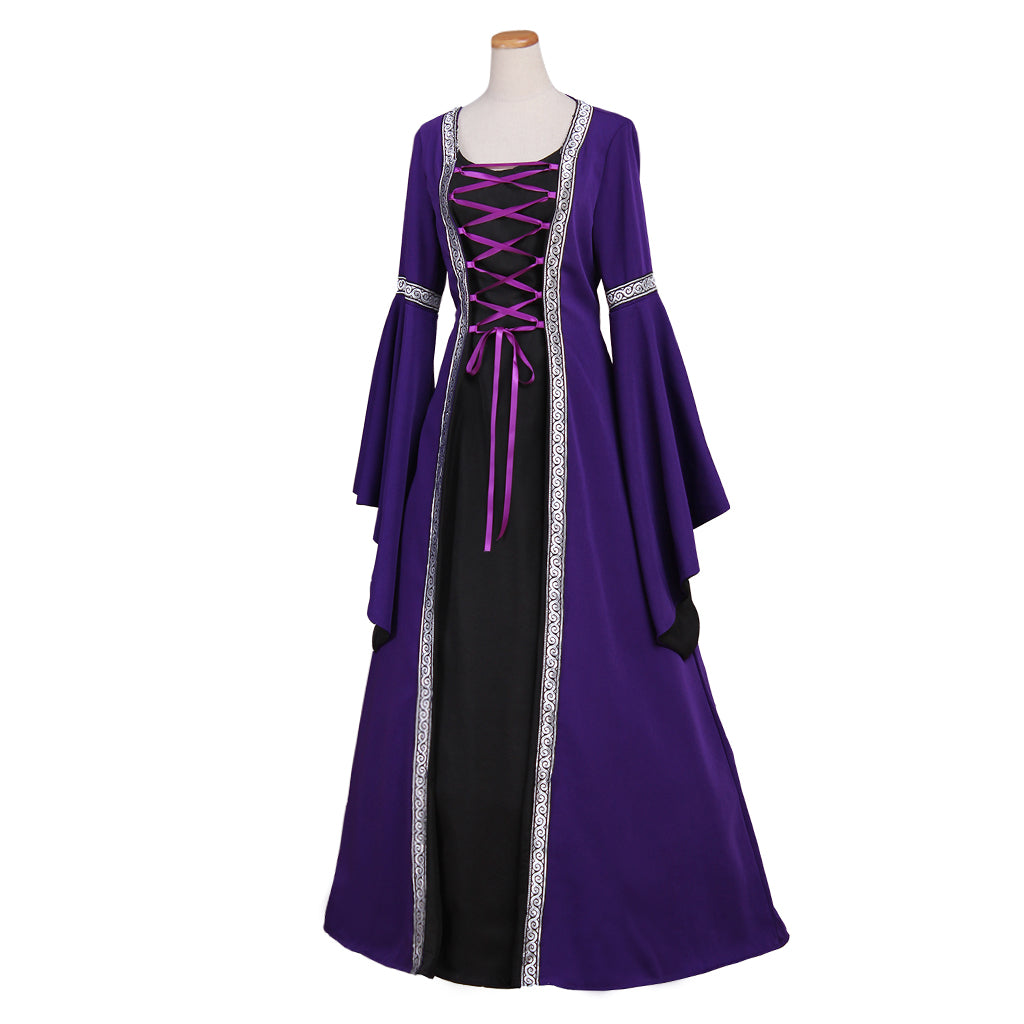 Elegante vestido gótico medieval victoriano morado de Halloween con mangas de trompeta para galas y cosplay