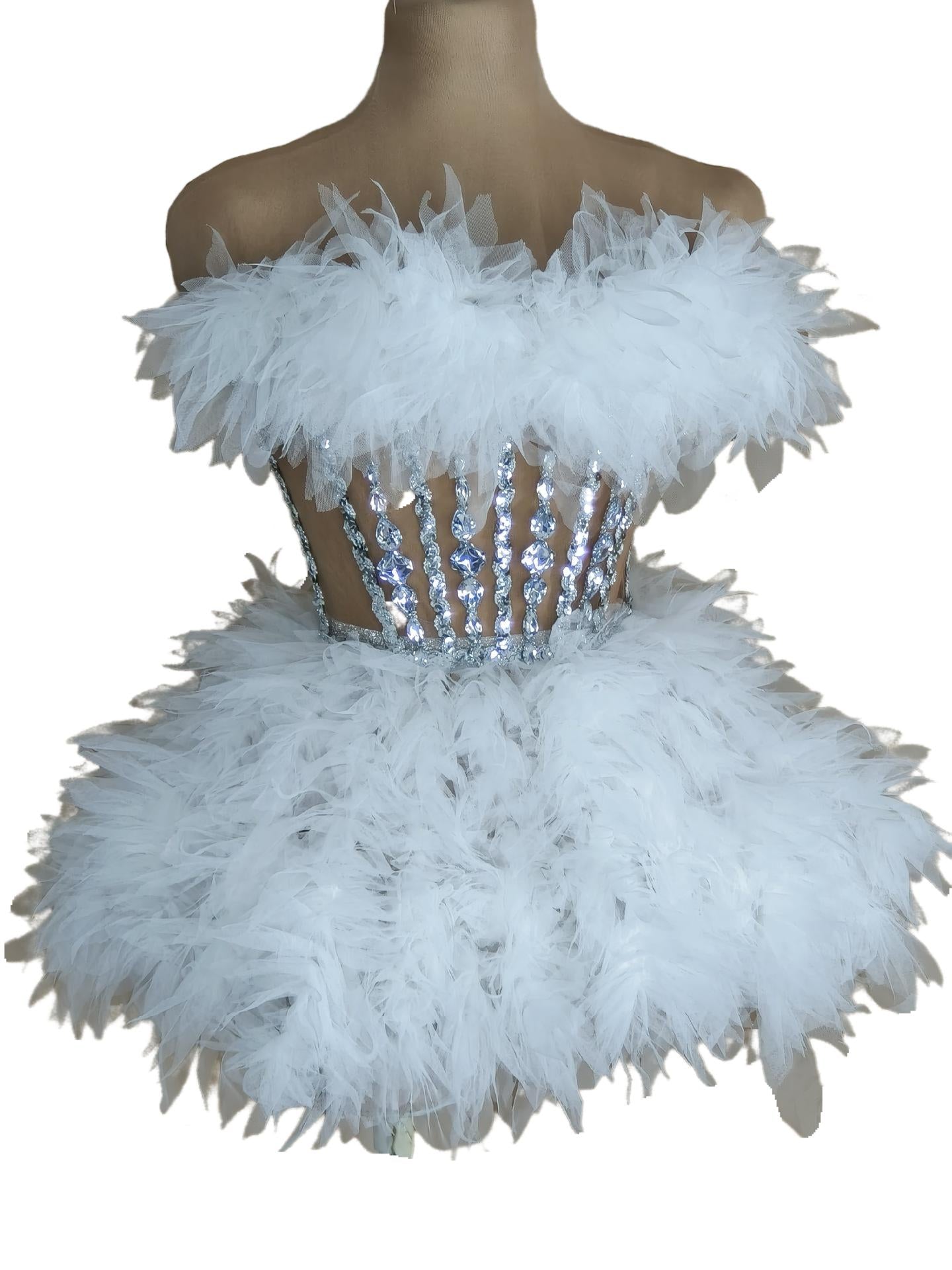 Female Singer Stage Dress Christmas Performance Costume Sexy One Shoulder Mesh Wrap White Party Evening Gown for Women - Halloweez