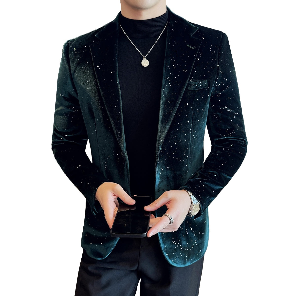 2025 New Fashion Glossy Velvet Gold Foil Print Men's Slim Fit Blazer Jacket - Trendy Cosplay Suit for Halloween Parties - Halloweez