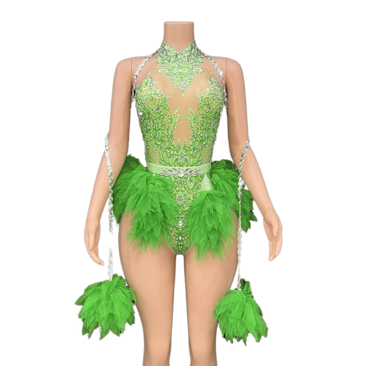 GC Singer Dance Shiny Diamond Stretchy Slim Pink Mesh Bodysuit Stage Performance Costume Women Flash Diamond - Light Green - Halloweez