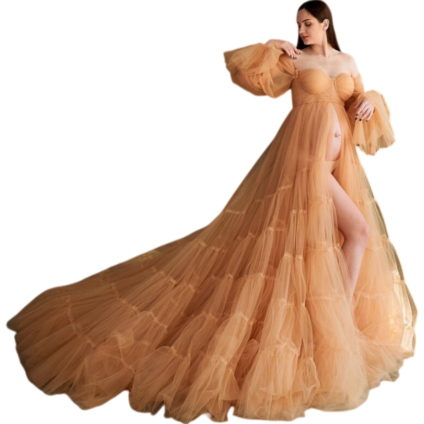 Halloweez Orange Sweetheart Maternity Cosplay Dress with Sheer V-Neck and Flowing Tulle Skirt for Women - Halloweez