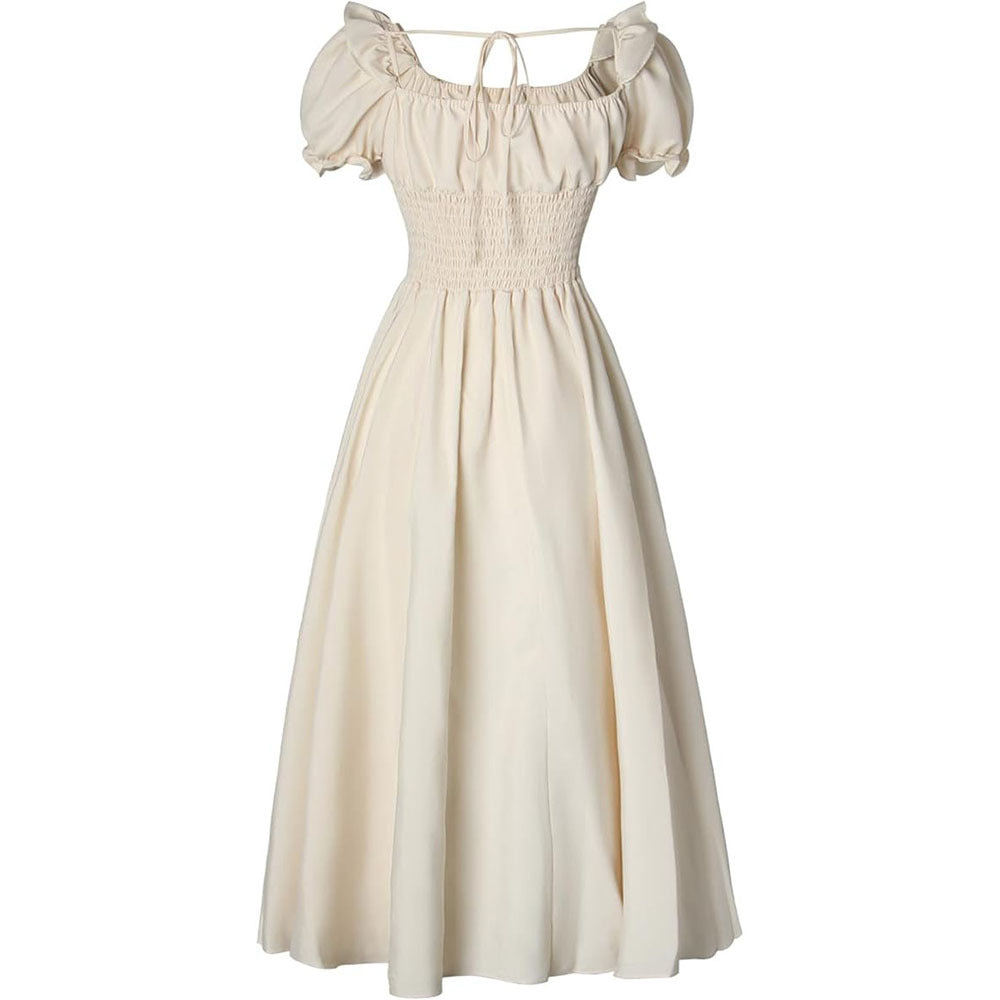 Medieval Renaissance Victorian Peasant Retro High-Waist Short-Sleeve Dress - Halloweez