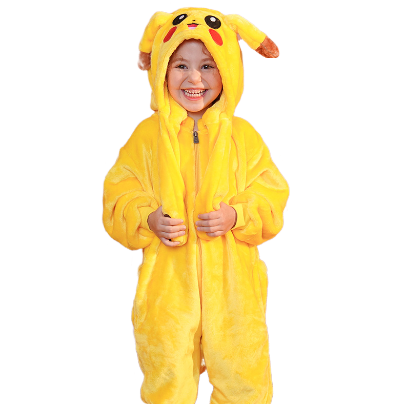 Kids Pikachu Onesie Pajamas Flannel Cosplay Costume with Removable Hood and Moving Ears for Boys Girls Halloween Christmas - Halloweez