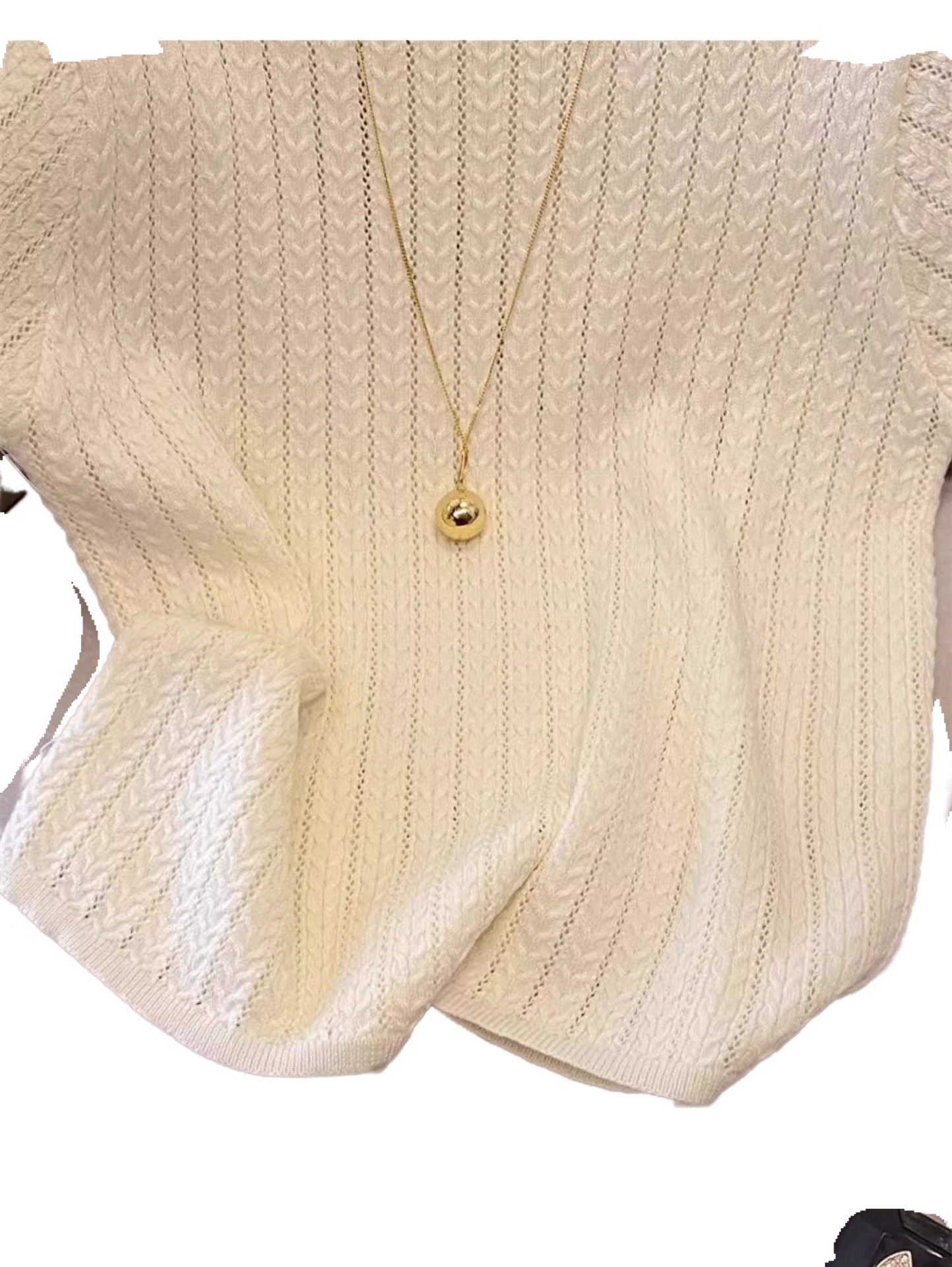Elegant Hollow-Out Short Sleeve Women's Summer High-End Youthful Slimming Design Fashion Round Neck Ice Silk Knitted Top A3919 - Halloweez