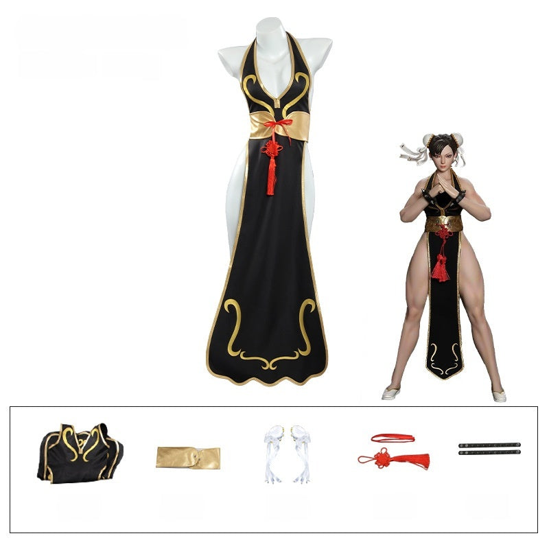 Street Fighter Chun-Li Game Anime Beauty Girl Chun-Li Battle Suit Cosplay Black Cheongsam - Halloweez
