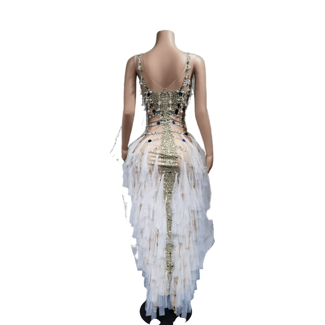 Colorful Feather Evening Gown Purple Party Dress with Pearls Rhinestones for Cosplay Halloween Costume - Halloweez