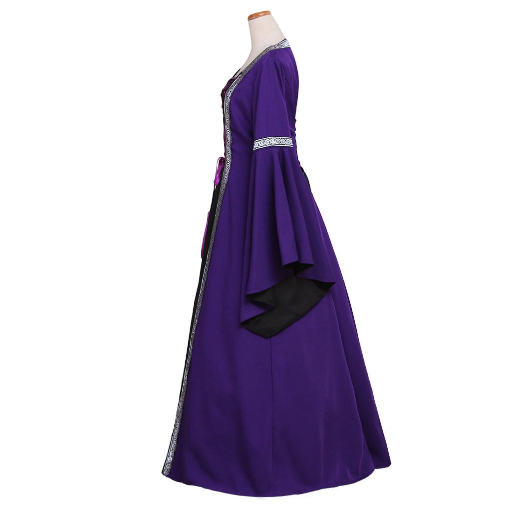 Elegante vestido gótico medieval victoriano morado de Halloween con mangas de trompeta para galas y cosplay