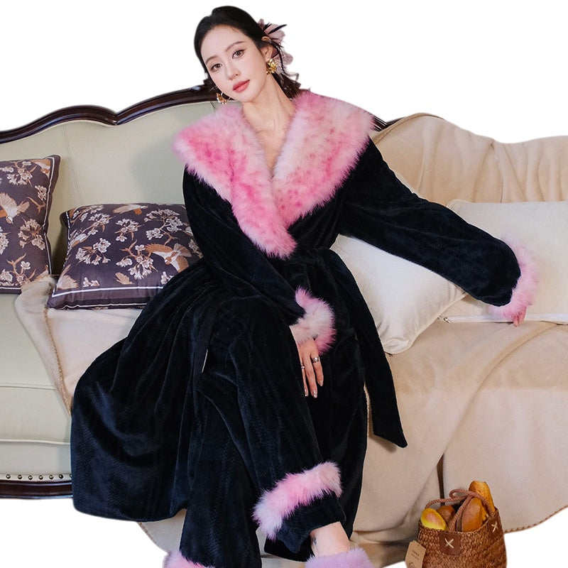 Leopard Print Contrast Color Flannel Robe Two-Piece Set: Cozy Winter Loungewear - Halloweez