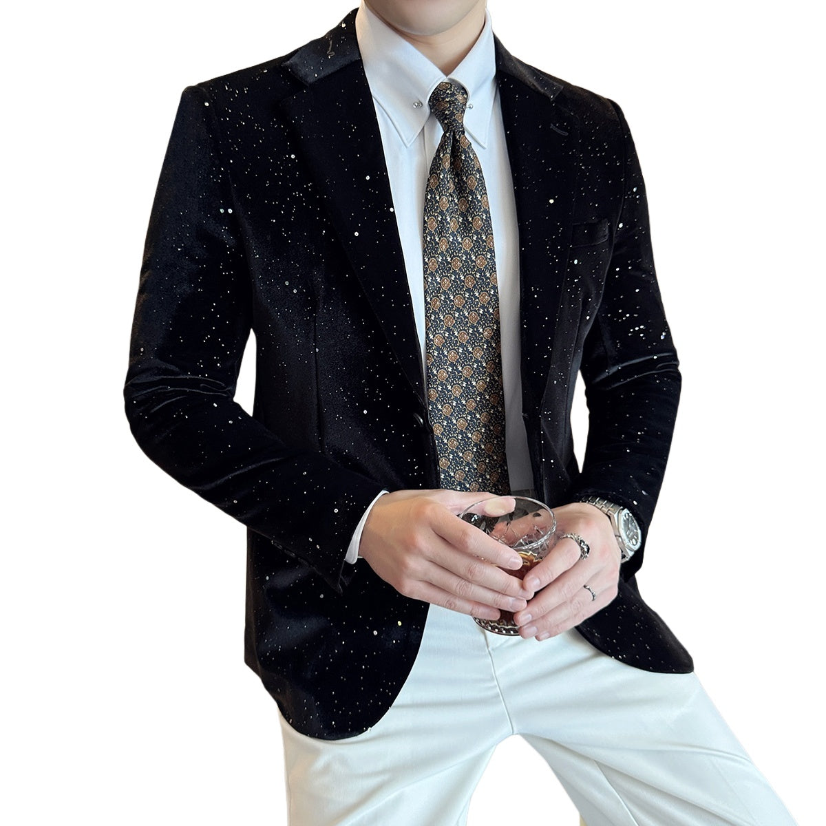 2025 New Fashion Glossy Velvet Gold Foil Print Men's Slim Fit Blazer Jacket - Trendy Cosplay Suit for Halloween Parties - Halloweez